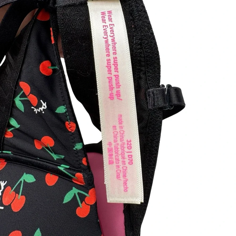 Victoria Secret PINK Women's Bra 32D Black Red Cherry Super Push Up Padded